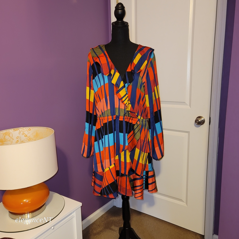 Colorful Geometric Faux Wrap Dress Sz: L